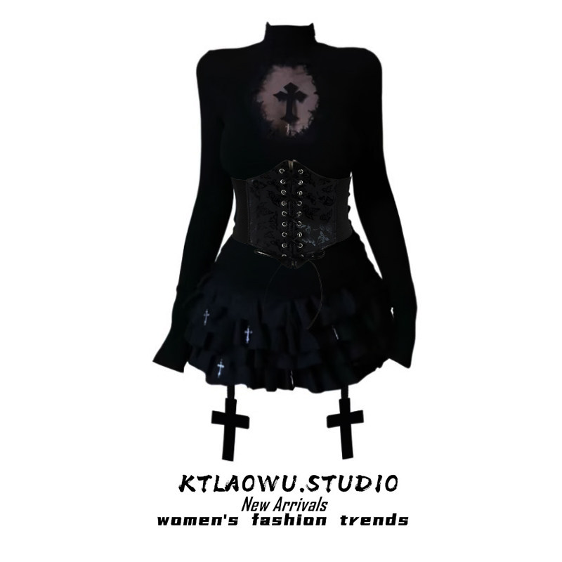 Halloween cosplay costume: dark gothic hollowed-out high-neck inner top with cross belt, cake-style puffy skirt and pants