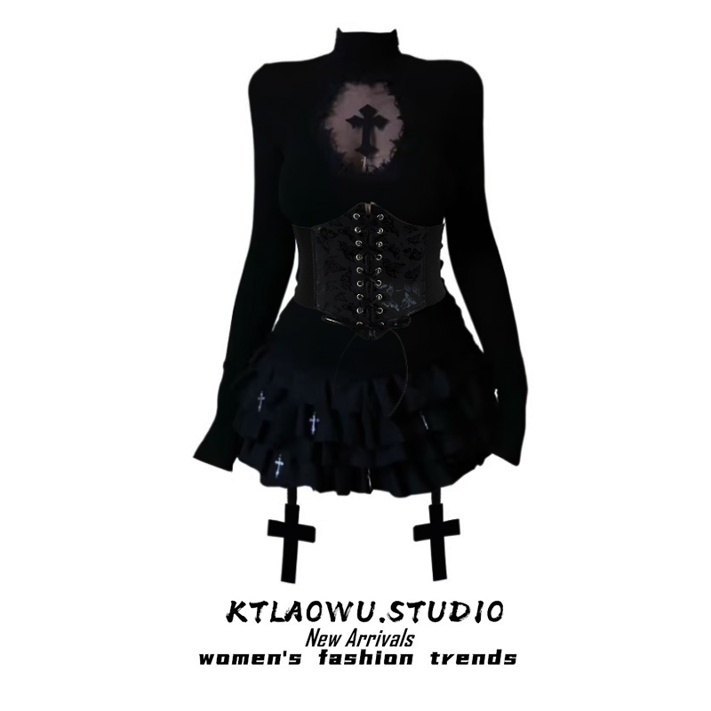 Halloween Cosplay Costume Dark Gothic Hollow-Out High-Neck Inner Top with Waist Corset and Cross Cake Tutu Skirt Pants Halloween Cosplay Costume Dark Gothic Hollow-Out High-Neck Inner Top with Waist Corset and Cross Cake Tutu Skirt Pants