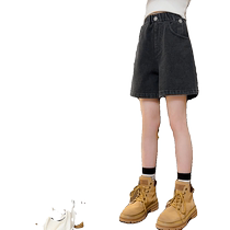 Elastic waist straight wide leg denim shorts for girls elementary school students loose medium pants junior high school students little girls five-quarter pants