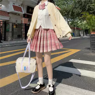 College style jk uniform skirt genuine set of students pink autumn and winter long sleeve knitted sweater coat women Cardigan set