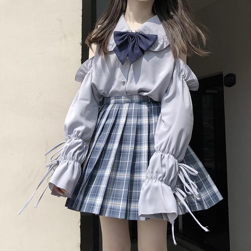 Japanese Jk Uniform Skirt Authentic Women's Summer Puff Sleeve Shirt Long Sleeve Elementary School Student College Style Shirt Top Set