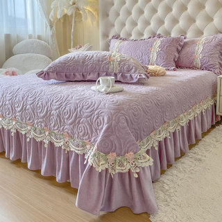 高端牛奶绒床盖加绒保暖公主风加厚夹棉床单三件套榻榻米炕盖冬季