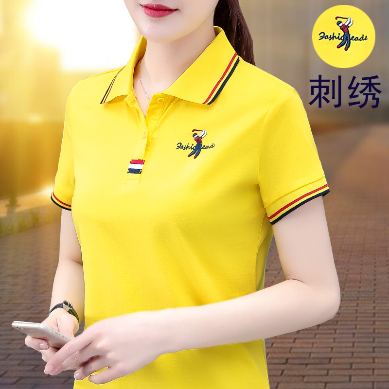 Lapel Pure Cotton Polo Shirt Short-Sleeved T-Shirt for Women, Summer 2026 New Style, Stylish Mom Niche Embroidered Slimming Top