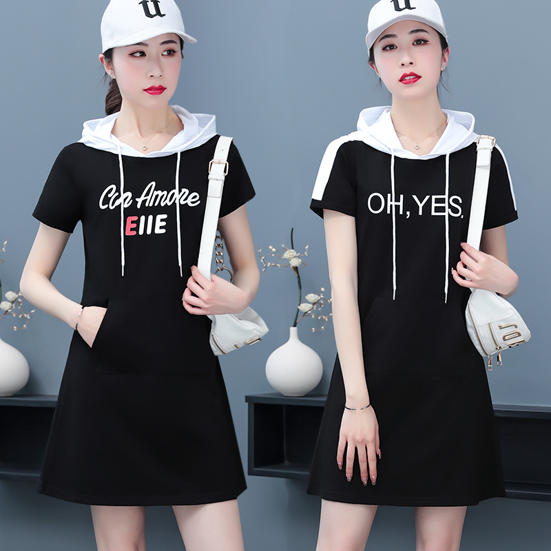 Black Short-Sleeved Hooded Mid-Length Dress for Women 2026 Summer New Style Pure Cotton Large Size Slimming Casual Skirt Black Short-Sleeved Hooded Mid-Length Dress for Women 2026 Summer New Style Pure Cotton Large Size Slimming Casual Skirt