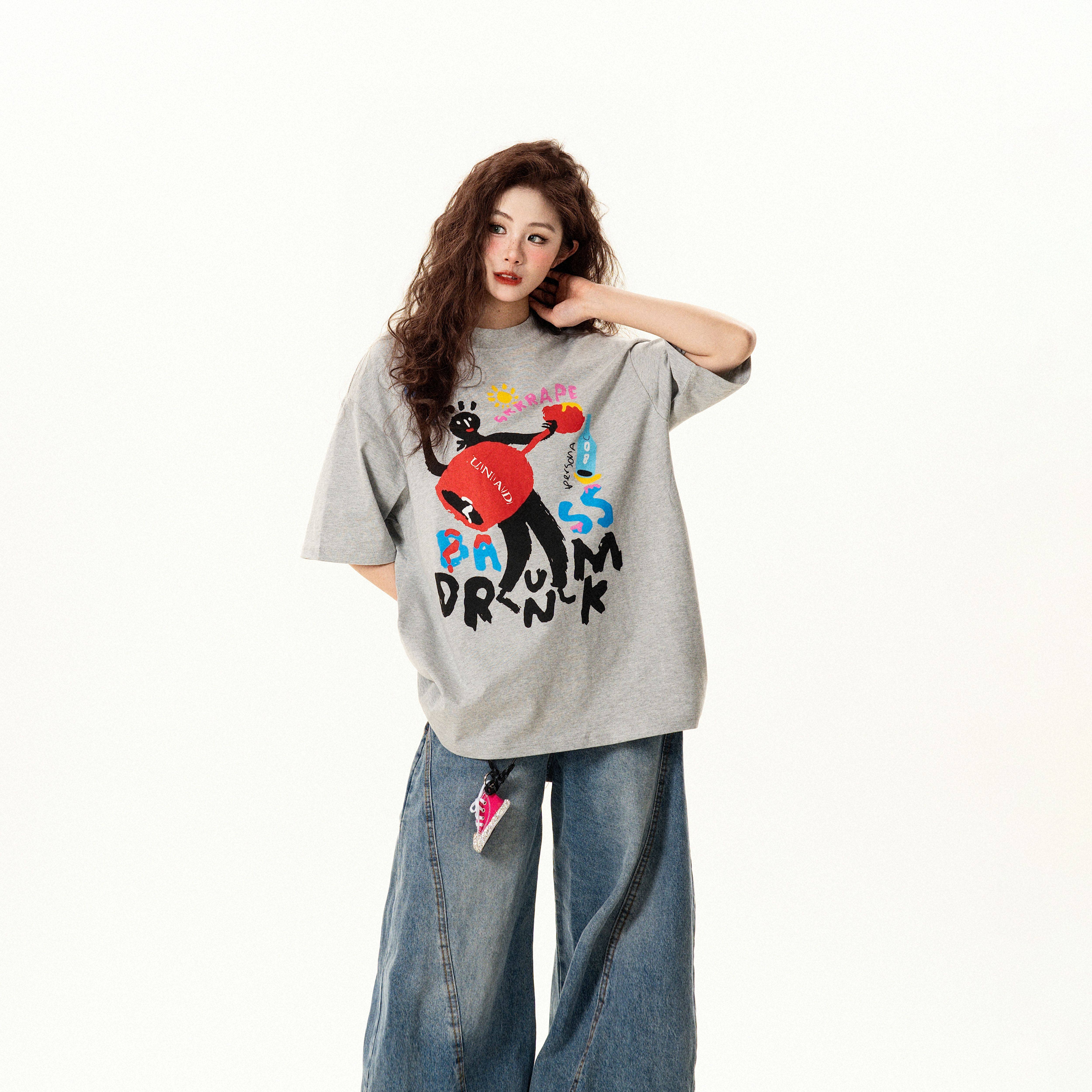 私は、アメリカンレトロで楽しいグラフィティプリントの半袖Tシャツ（女性用、新しい夏のスタイル、ゆったりとしたフィット感、着回しのきくトップス、トレンディ）について何度も尋ねました。