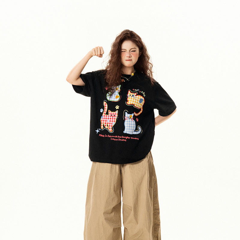 Repeatedly Asked about the Retro Fun Plaid Cat Patch Embroidered Short-Sleeve T-Shirt for Women, a Loose-Fitting, Slimming, and Versatile Top for Summer