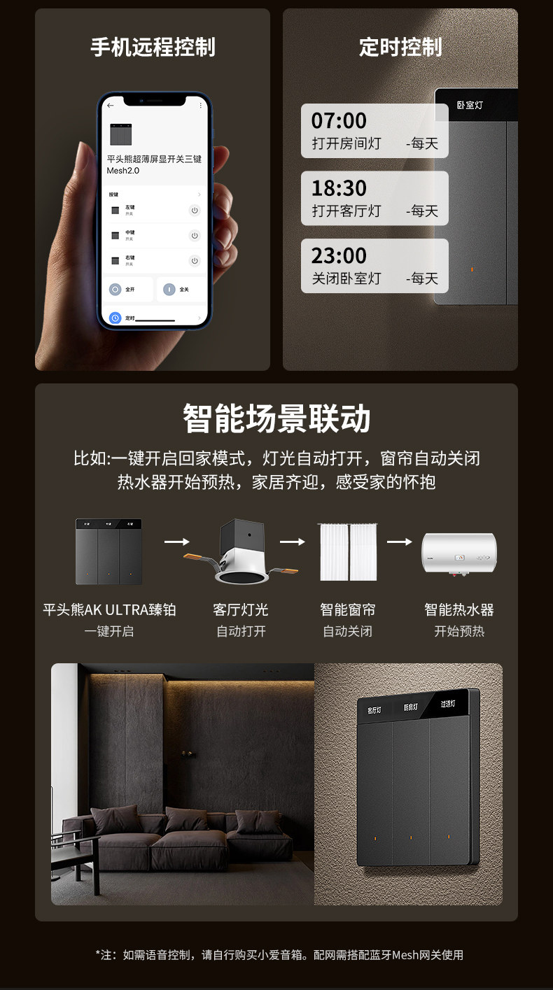 Интеллектуальный выключатель 【升级mesh2.0】平头熊akultra臻铂智能开关已接入米家app小爱 Ptxzn