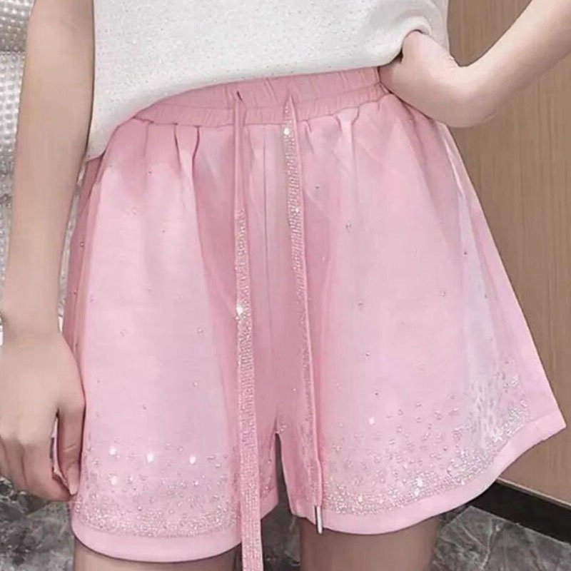 Extra Large Size 150kg Plus-Size Heavy-Duty Rhinestone Sparkling Wide-Leg Shorts for Women, High-End, Stylish, Versatile Hot Pants ins