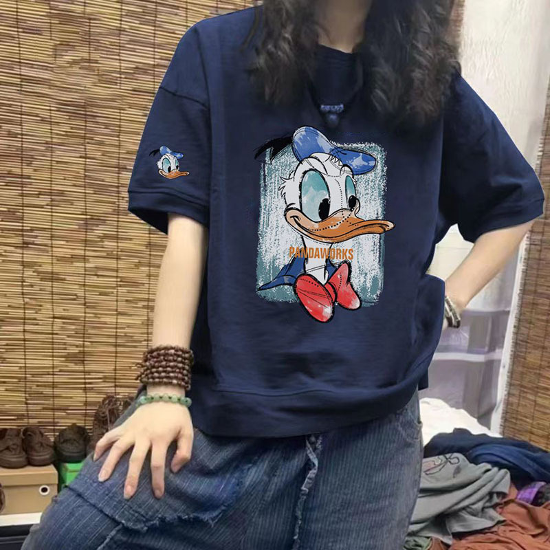 Extra Large Size 150kg Plus-Size Pure Cotton Donald Duck Short-Sleeve T-Shirt for Women, Summer 2026 New Versatile Regular Shoulder Top Trendy