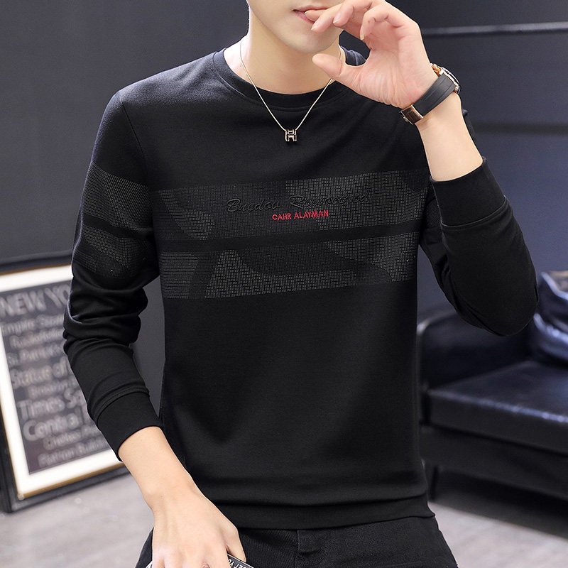 Men's Long Sleeve T-Shirt Spring and Autumn Korean Trend Casual Thick Cotton Men's Slim Round Neck Printed Pullover Cotton Underwear