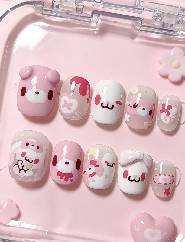 Violent Bear Versatile Rabbit Handmade Wearable Nails Cute Cartoon Hand-Painted 3D Nail Stickers Removable