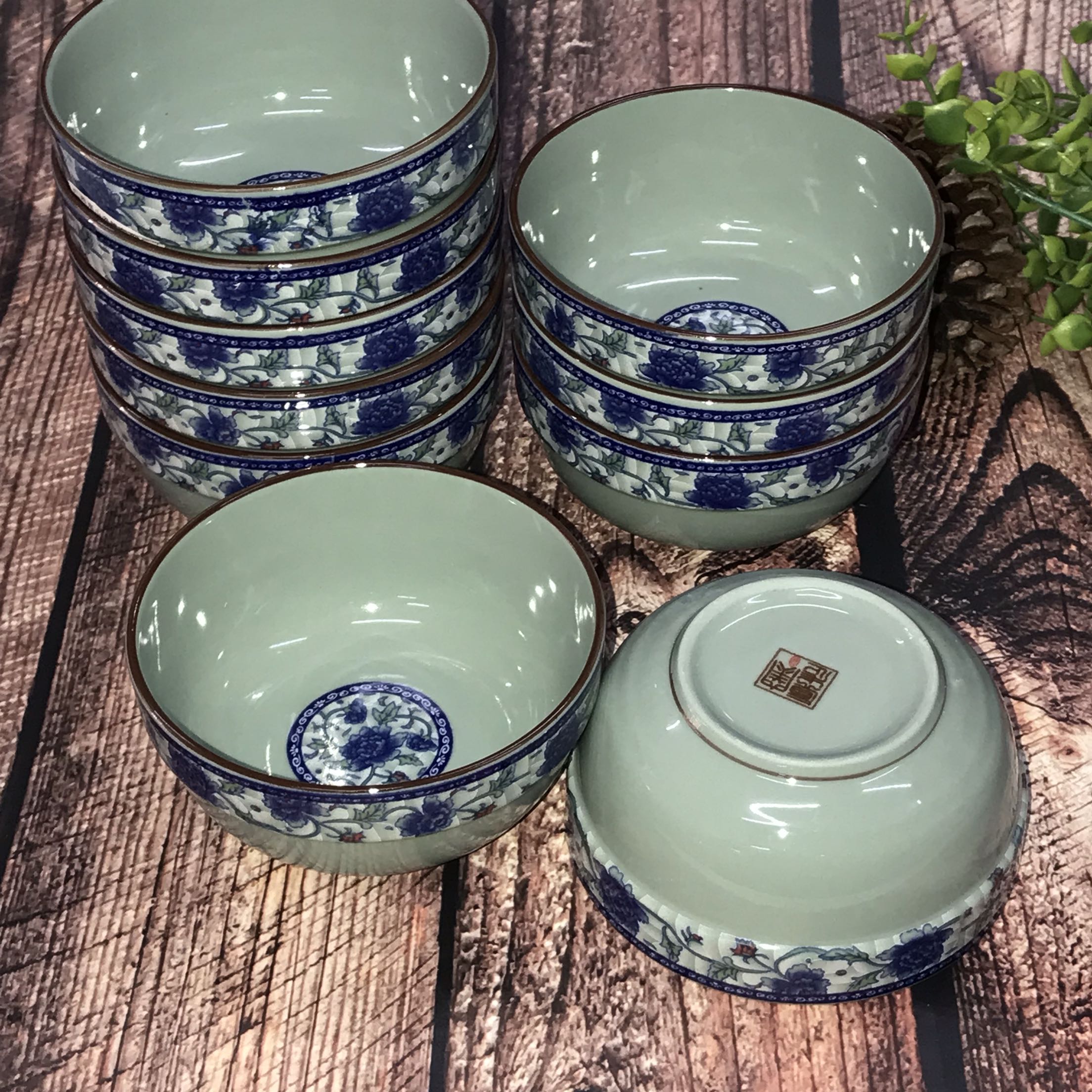 Eat rice bowl of blue and white porcelain household ceramic bowl of soup bowl edge thickening Chinese wind restoring ancient ways tableware 10 m jobs