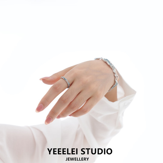 Yeeelei/Original Niche Design Ring, a Light Blue Open-Ended Index Finger Ring, Basic Style 925 Silver Ring