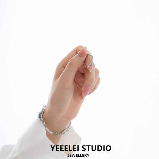 Yeeelei/Original Niche Design Ring, a Light Blue Open-Ended Index Finger Ring, Basic Style 925 Silver Ring