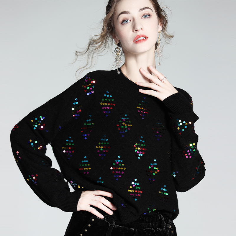 Cashmere Sweater for Women 2025 Autumn and Winter New Design with Handmade Sequins, Lazy Style, Fashionable and Age-Reducing European Wool Sweater