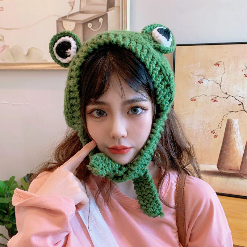 Trembling Green Hair Line Frog Headgear Heathen Sweet and cute Korean version headwear Winter headgear Hood Green Hat Tide ear cover