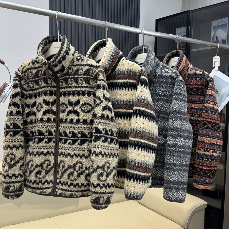 Outdoor Mountain-Style Retro Fair Isle Lamb Wool Western Leaf Pattern Stand Collar Double-Sided Fleece Warm Jacket