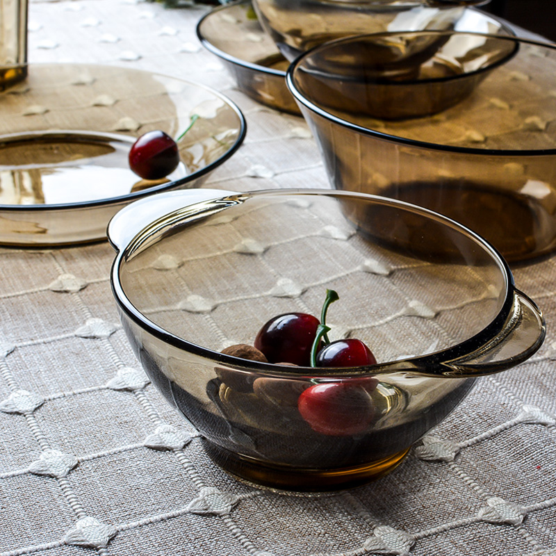 Thickening of the heat - resistant European - style lead - free amber brown tempered glass bowl dish soup bowl of fruit salad bowl cutlery set