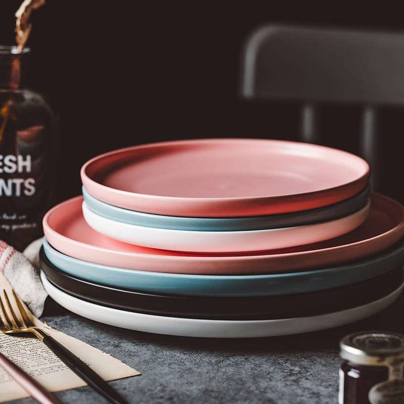 Boutique matte enrolled ins Nordic creative household ceramic dish dish dish beefsteak, black plate round flat