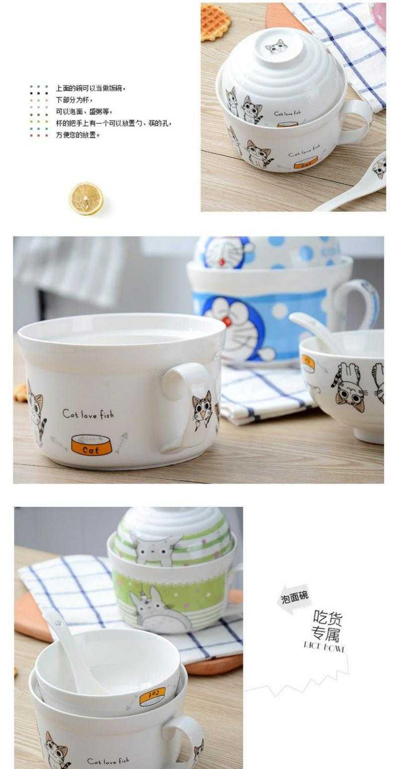Students noodles in soup bowl with cover with ceramic sealed the trumpet cartoon to microwave spoon bean cup noodles lunch box.