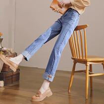 2021 high-waisted jeans womens thin straight pants New Pants Womens loose Joker trendy nine-point pipe pants