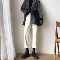 Womens 2021 Spring and Autumn New High Waist Straight jeans female loose Korean students thin casual wide leg pants