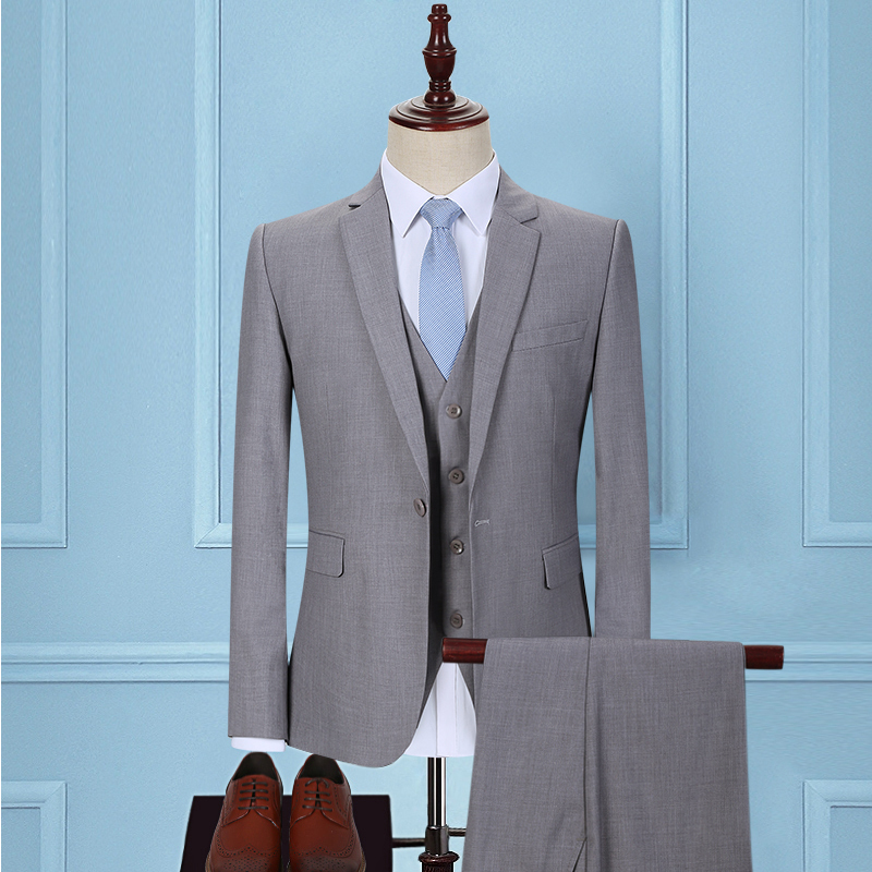 Light Gray Men's Suit, Korean Style Slim Fit Three-Piece Suit, Business Casual Professional Formal Wear, Groom's Wedding Dress
