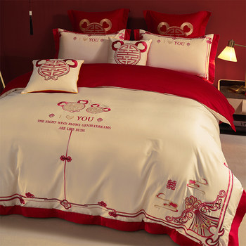 High-end 100 long velvet cotton wedding four-piece set of all cotton pure cotton wedding big red princess style bedding 4 High-end 100 long velvet cotton wedding four-piece set of all cotton pure cotton wedding big red princess style bedding 4