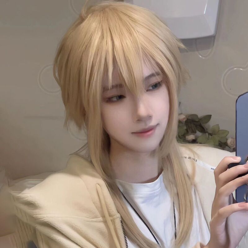 Fake Hair Male Wig, Light Golden Long Hair with a Trailing Style, Personalized Male Jellyfish Head, Fluffy Lu Chen Cosplay, Realistic Full Head Wig