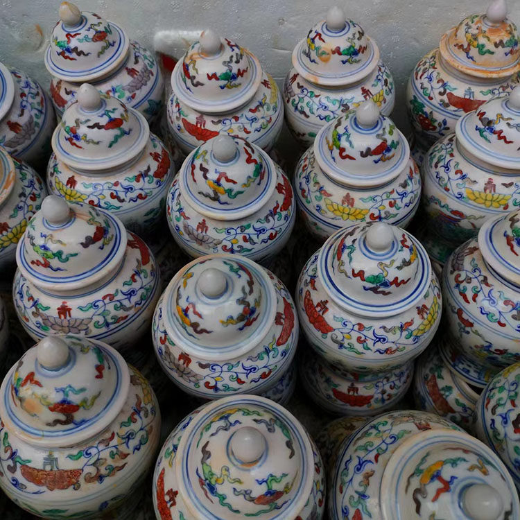 大明成化手绘斗彩五彩将军罐盖罐古玩古董仿古瓷器家居储物收藏品