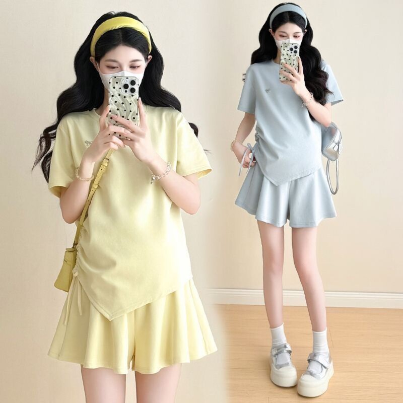 Maternity Suit 2026 New Summer Fashion Loose T-Shirt Drawstring Slimming Shorts Outing Maternity Wear Two-Piece Set Maternity Suit 2026 New Summer Fashion Loose T-Shirt Drawstring Slimming Shorts Outing Maternity Wear Two-Piece Set