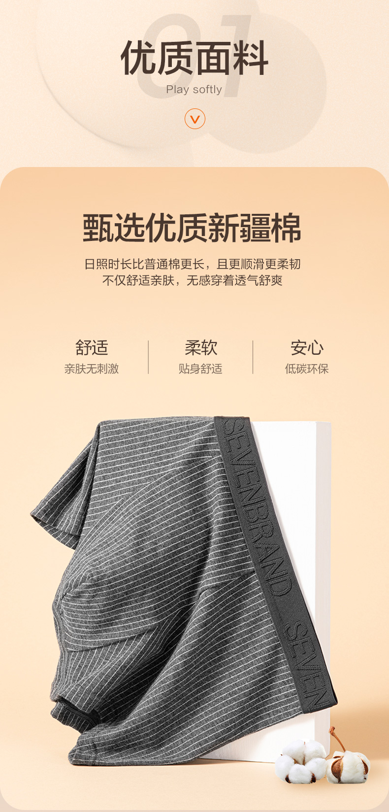 柒牌 男士 50支新疆长绒棉 条纹内裤 3条 桑蚕丝混纺抗菌内档 图3