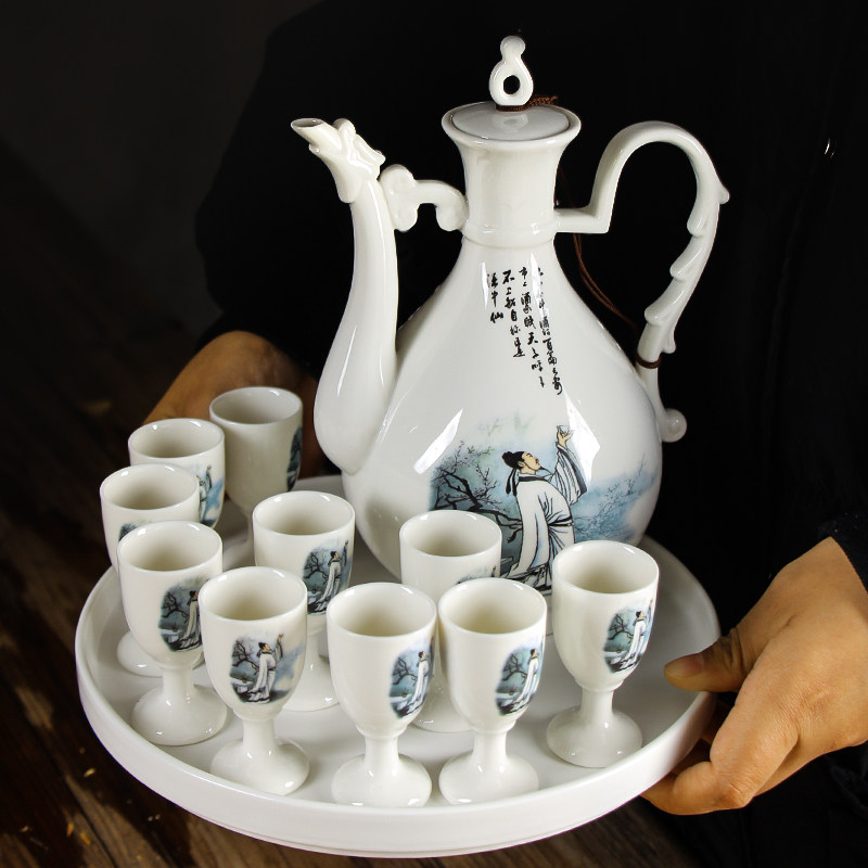 Liquor Wine With Wine Glass Wine Pot Suit Antique Home ceramic Chinese Wine Instrumental tray High-footed goblet with small wine