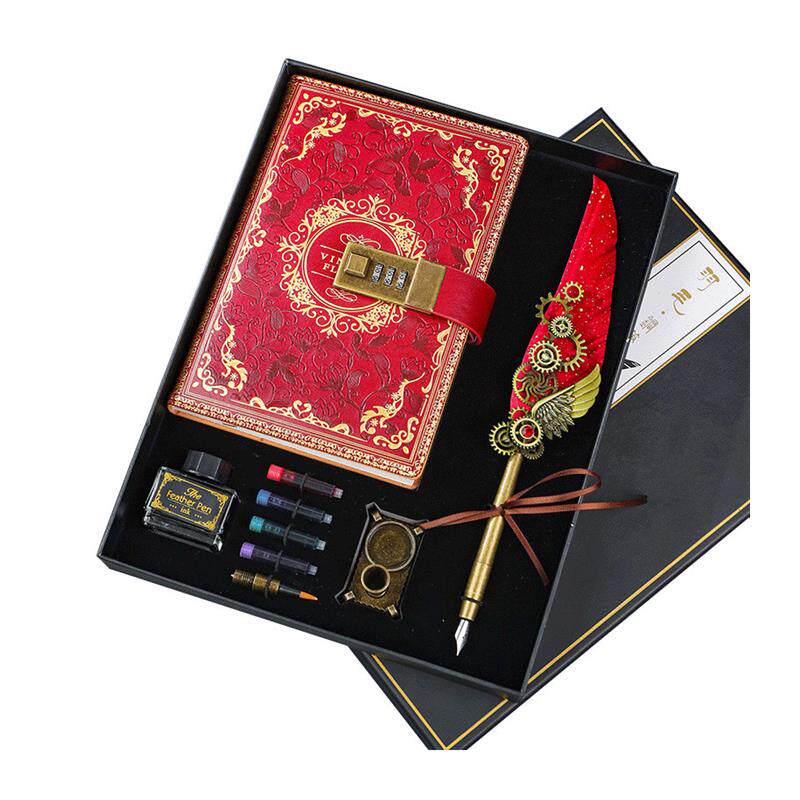 Retro Combination Lock Notebook Set Gift Box, Artistic Vintage Notebook with Mechanical Feather Pen, Can Be Engraved