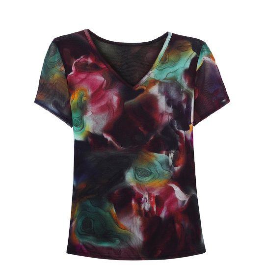 V领冰丝网纱T恤女短袖2024夏季新款修身半袖体恤高端扎染蕾丝上衣