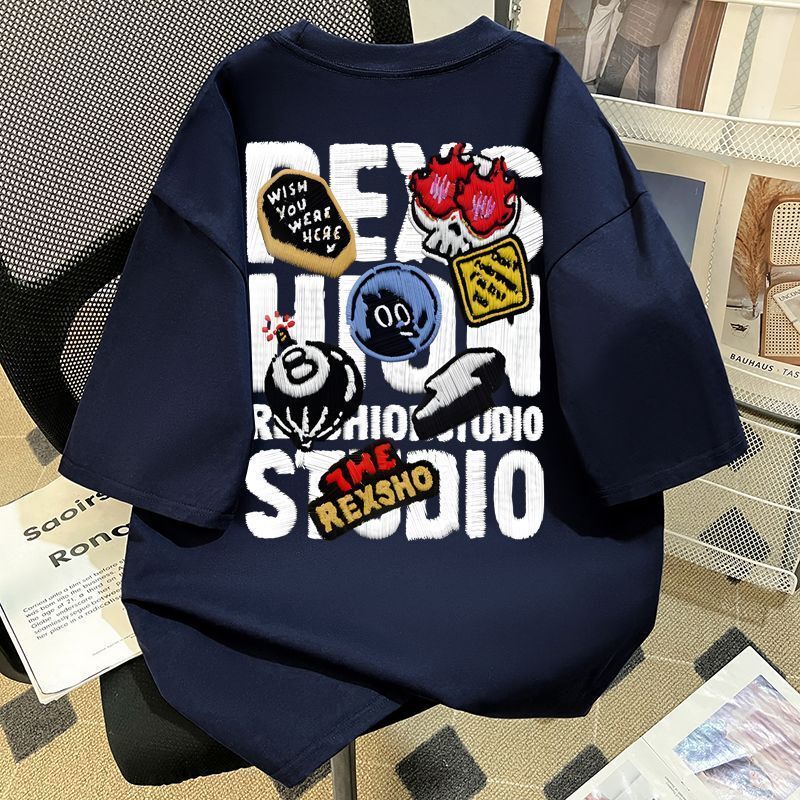 Nasa Co-Branded Embroidered Cartoon Letter Print Short-Sleeve T-Shirt for Men and Women, Summer American Style Versatile Loose Top