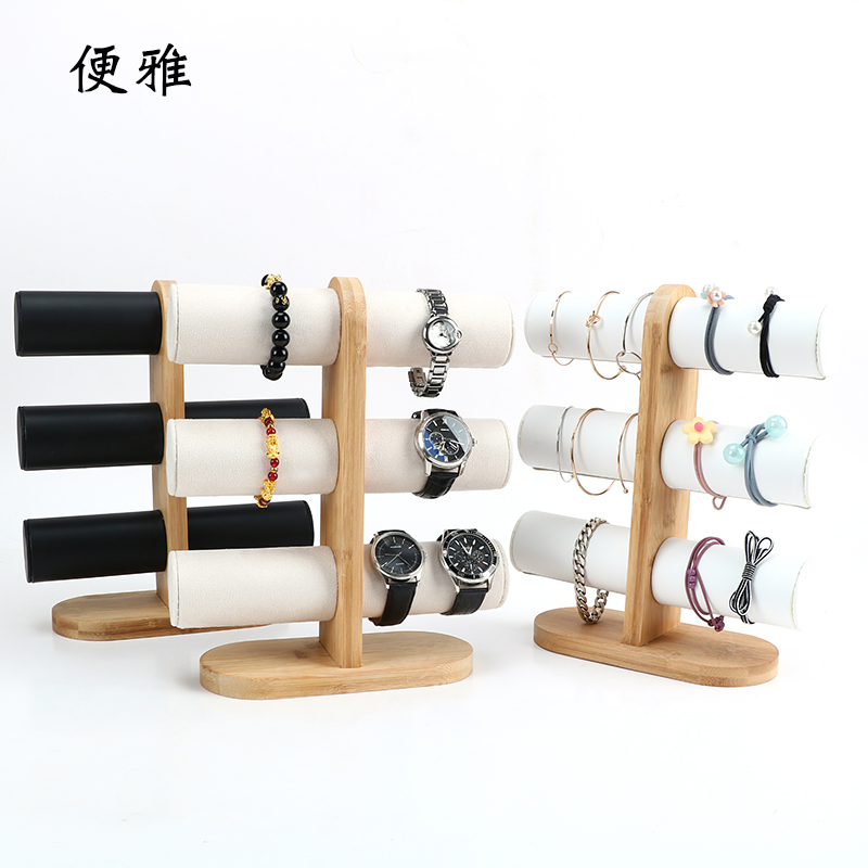 Elegant bamboo wood vertical three-layer bracelet Bracelet Bracelet Bracelet Handmade Containing Layer Shelf Jewelery Counter Display Shelf