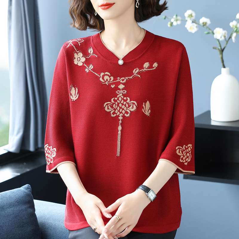 Mom's New Spring and Autumn Round-Neck Knitted Red Plus-Size Ice Silk Shirt, Middle-Aged and Elderly Autumn Mid-Sleeve T-Shirt, Thin Top