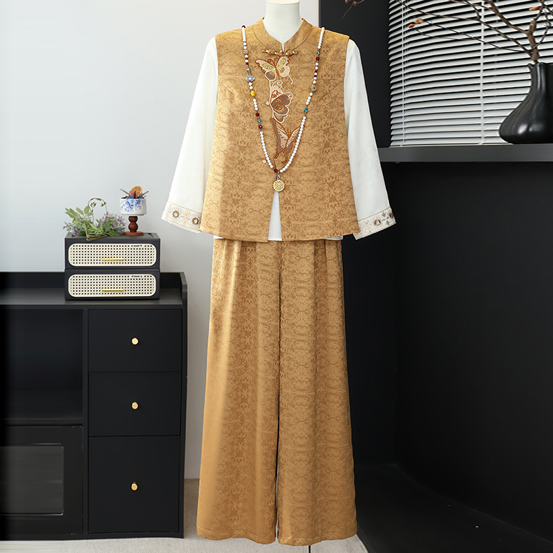 Middle-Aged and Elderly Mothers' Spring and Autumn Stylish New Chinese-Style Vest Three-Piece Set, Middle-Aged Elegant and Noble Long-Sleeved Suit for Women