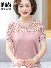 Одежда для дам 妈妈洋气短袖冰丝t恤中年女夏装新款雪纺小衫中老年宽松两件套装
