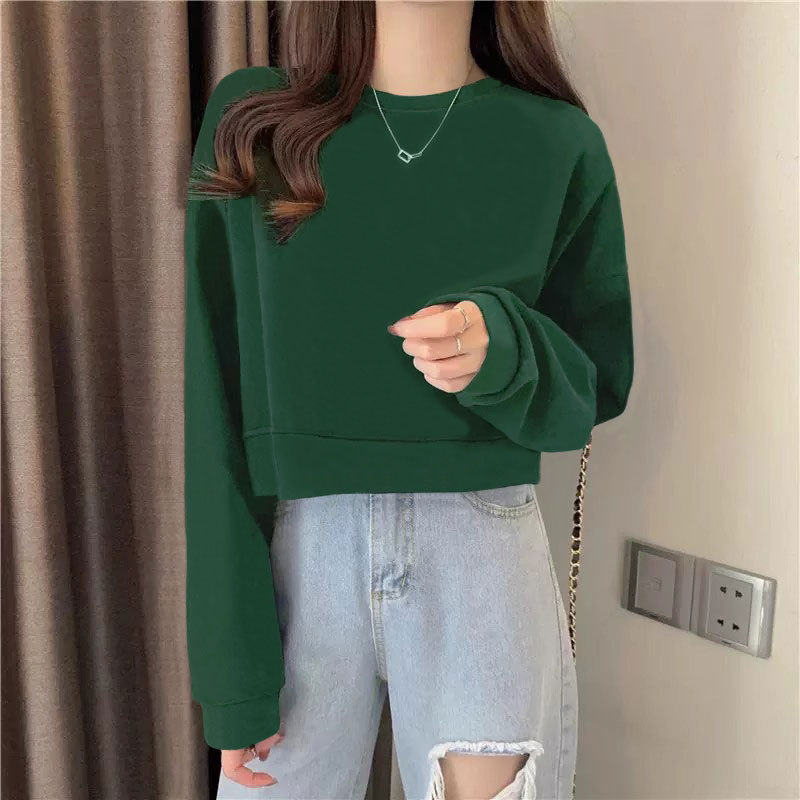 2026 New High-Waisted Short Dark Green Sweatshirt for Women, Spring and Autumn Thin Style, Petite Loose Round Neck Fleece Top