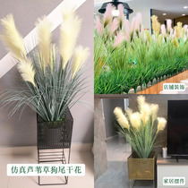 Nordic large bunch simulation reed grass dog tail dried flower fake flower green planting floor decoration ornaments iron flower stand living room