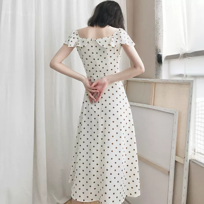 Thiết kế thích hợp kiểu Pháp, cổ vuông, tay áo bay, kỳ nghỉ thanh lịch, eo, cổ tích, ngọt ngào, lưng cao, váy chấm bi mới - Váy eo cao