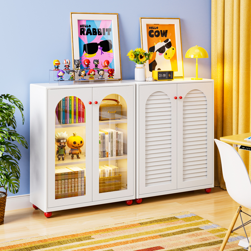 Steel Bookcase Against the Wall with Doors, Bookshelf for Living Room, Curved Side Cabinet, Large Capacity Storage Cabinet, Dopamine Combination Cabinet