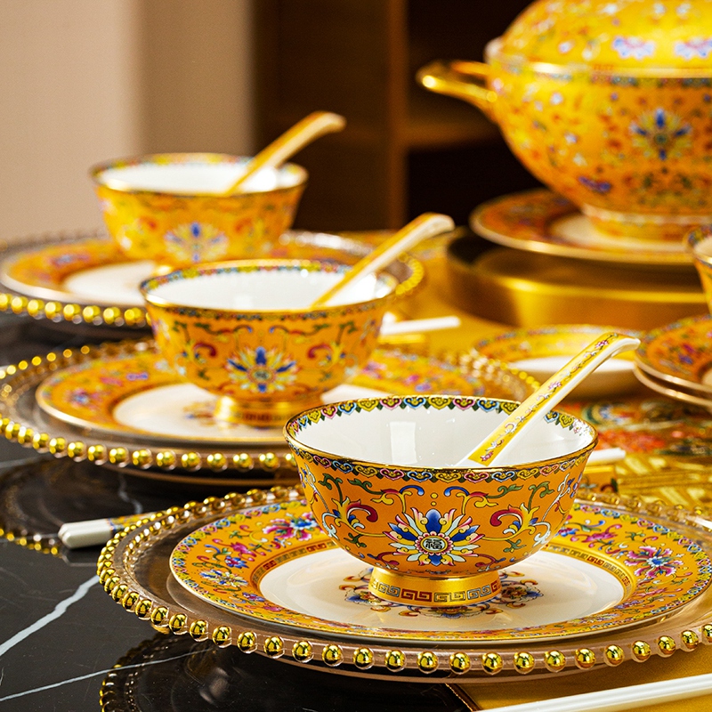 Palace-Style Gold Enamel Bowl and Plate Set, Jingdezhen Ceramic Tableware, Household Bone China Bowls, Plates, Chopsticks, Wedding, Housewarming