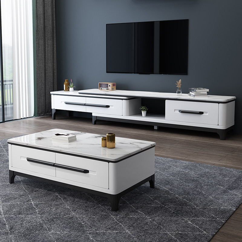 Modern minimalist marble TV cabinet coffee table combination set small apartment living room retractable glass steel stone solid wood floor cabinet - Taobao