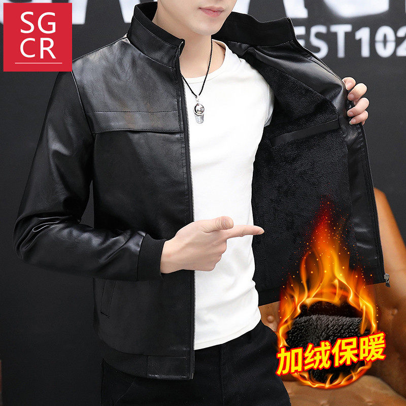 2019秋冬季新款男士外套ins工装加厚PU皮衣韩版修身加绒男装上衣