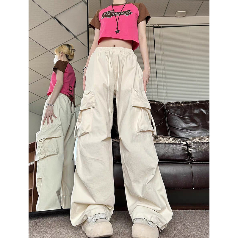 American-Style High Street Off-White Cargo Pants for Women, Summer Street Hip-Hop Dance Pants with Multi-Pocket Design, Floor-Length Pants