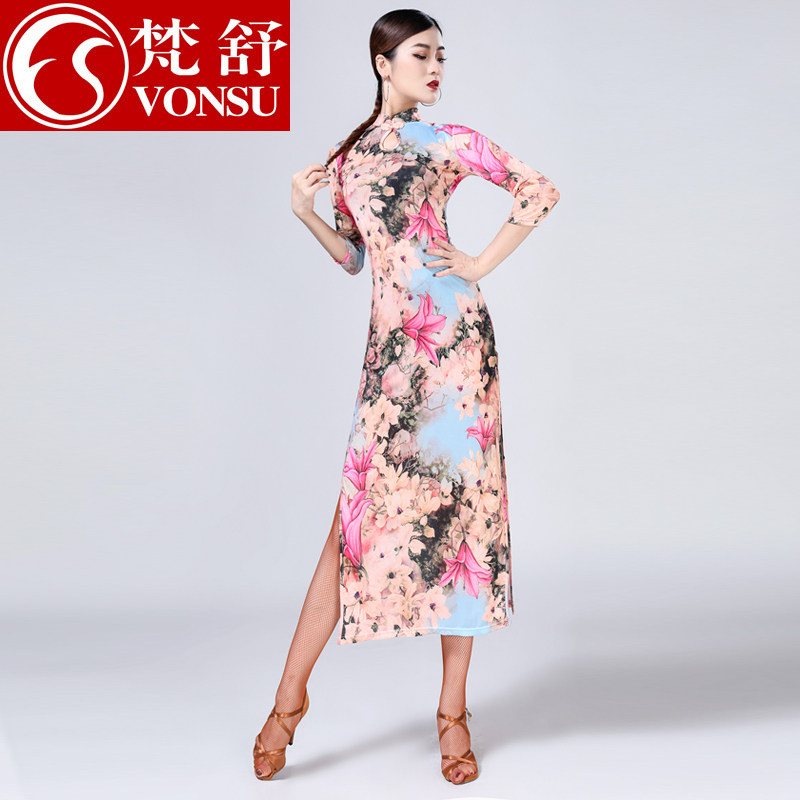 Vatican comfortable Latin dance clothing 2022 new exercise clothing women's elastic slit cheongsam instructor dance performance clothing