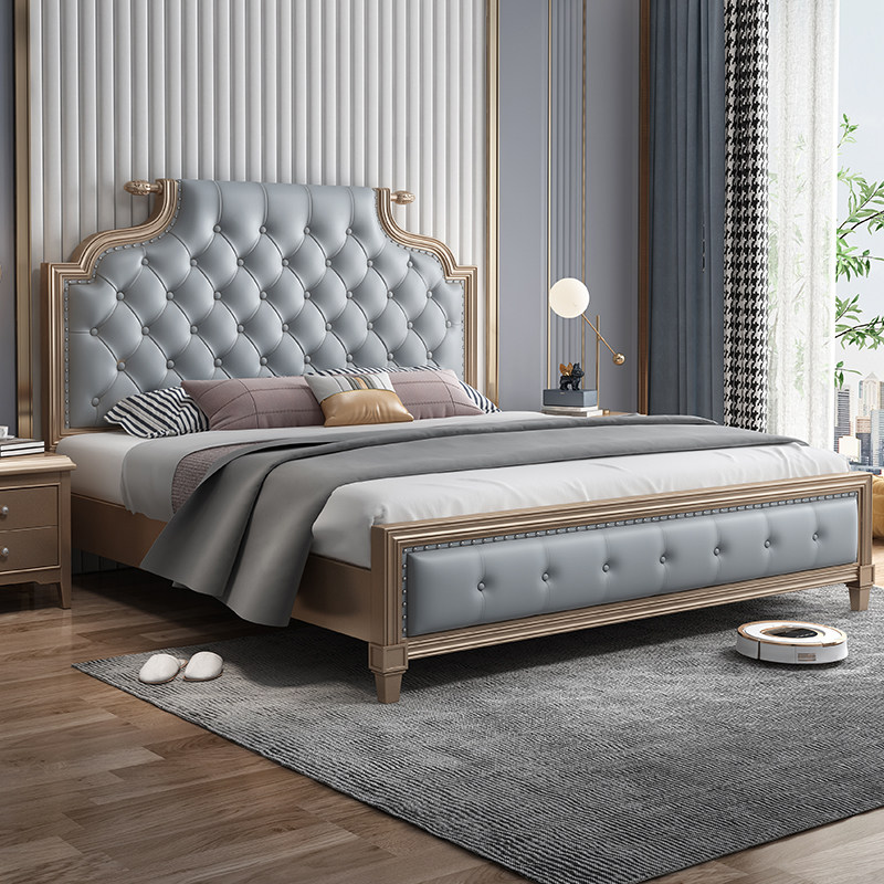 American solid wood bed light luxury modern simple master bedroom marriage bed European style big bed net red luxury princess bed soft bag French